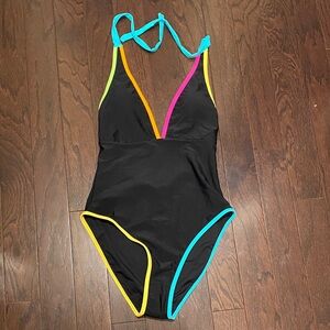 Stylish Black One Piece Swimsuit with Vibrant Accents